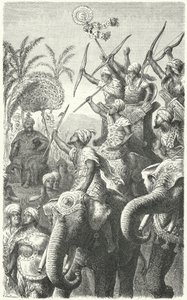 Porus, König der Pauravas, inspiziert seine Kriegselefanten (Gravur) von Heinrich Leutemann