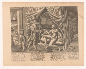 Allegorie eines Mannes, der eine Frau in einen Keuschheitsgürtel sperrt von Heinrich Wirich