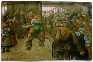 Ringkampf in der Schaubude von Heinrich Zille