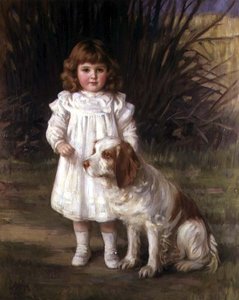 Porträt eines Mädchens in einem weißen Kleid mit einem Hund von Helen Howard Hatton