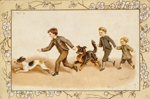 Grußkarte mit Kindern, die mit ihren Hunden spielen von Helena J. Maguire