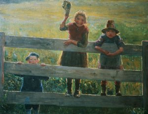 Drei kleine Kinder am Tor