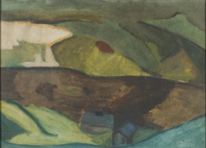 Fischerhütten am Fluss. Motiv aus Granvåg, Faxälven von Helmer Osslund