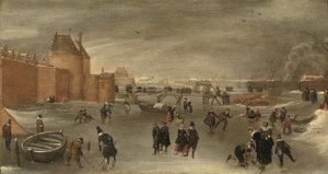 Schlittschuhläufer, Kolfspieler und Schlitten auf einem zugefrorenen Fluss in der Nähe des Stadttores St. Janspoort, mit dem Kruispoort im Hintergrund und der Pinkenmühle dahinter, Haarlem