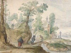Eine bewaldete Flusslandschaft mit einer Kirche und Figuren, ca. 1613 von Hendrick Avercamp