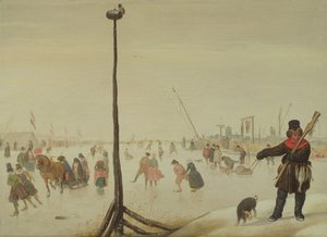 Ein Entenjäger und sein Hund in einer Winterlandschaft