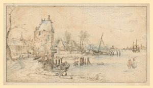 Ortschaft mit Wachtturm und Kirche am Seeufer von Hendrick Avercamp