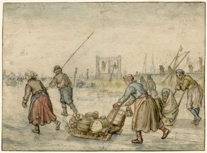 Winterlandschaft mit zwei Frauen und einem Schlitten und anderen Figuren auf dem Eis, ein Galgen in der Ferne von Hendrick Avercamp