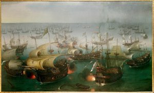 Die unbesiegbare Armada gegen die englische Flotte: „7. Tag der Schlacht mit der Armada, 07.08.1588“ von Hendrick Cornelisz. Vroom