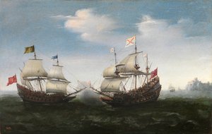 Seekampf gegen eine felsige Küste von Hendrick Cornelisz. Vroom