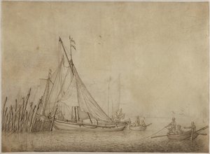 Schiffe an einem Fischwehr mit einer Stadt im Hintergrund