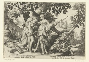 Jupiter verführt Callisto in der Gestalt von Diana von Hendrick Goltzius (workshop of)