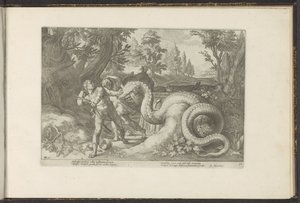 Gefährten des Kadmos von einem Drachen verschlungen von Hendrick Goltzius (workshop of)