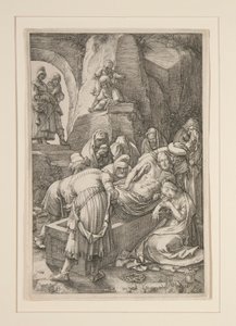 Begräbnis Christi (Die Grablegung), aus Die Passion, Nr. 11 in einer Serie von 12 Stichen von Hendrick Goltzius