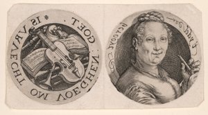 Büste einer Frau mit Flöte und Musikinstrumenten auf einem Blatt von Hendrick Goltzius