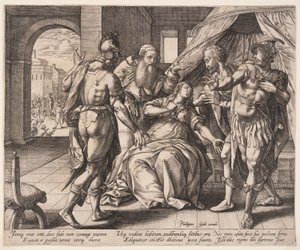 Lucretia tötet sich selbst, aus Die Geschichte von Lucretia von Hendrick Goltzius