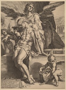 Der von Engeln gestützte Leichnam Christi von Hendrick Goltzius