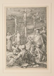 Die Kreuzigung (Christus am Kreuz), aus Die Passion, Nr. 10 in einer Serie von 12 Gravuren von Hendrick Goltzius