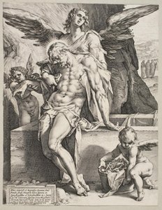 Der Leib Christi von einem Engel gestützt von Hendrick Goltzius