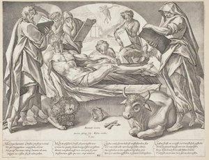 Der tote Christus und die vier Evangelisten von Hendrick Goltzius