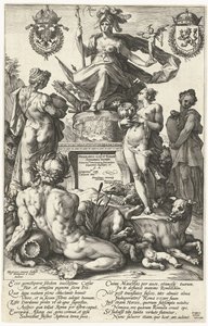 Titelblatt für die Druckserie Die römischen Helden von Hendrick Goltzius