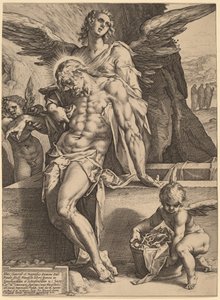 Der Leib Christi, unterstützt von Engeln von Hendrick Goltzius, after Bartholomaeus Spranger