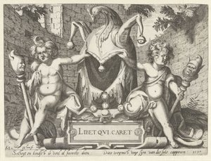 Zwei Putti mit einer Narrenkappe von Hendrick Hondius (I)