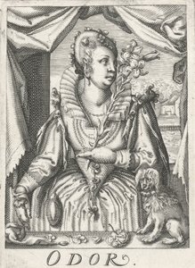 Geruch (Odor), eine Frau mit einem Blütenzweig von Hendrick Hondius (rejected attribution)