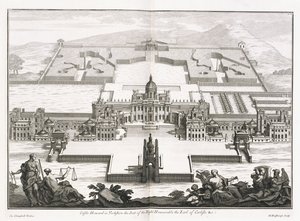 Schloss Howard in Yorkshire, aus "Vitruvius Britannicus" oder "Der britische Architekt, der die Pläne, Erhebungen und Abschnitte der regelmäßigen Gebäude sowohl öffentlich als auch privat in Großbritannien enthält" von Colin Campbell von Hendrick Hulsberg