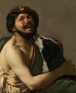 Ein lachender Bravo mit seinem Hund Diogenes, 1628