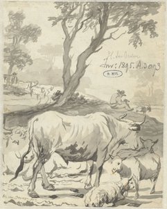 Hirte mit Kühen und Schafen unter einem Baum von Hendrick ten Oever