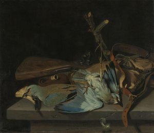 Stillleben mit Jagdutensilien und Vögeln