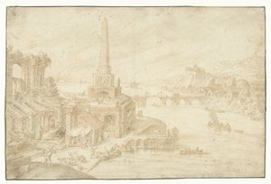 Obelisk neben Ruinen (Regionum, Rurium, Fundorumque) (Serientitel) von Hendrick van Cleve