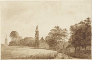 Ansicht einiger Häuser und eines Kirchturms bei Hilversum von Hendrik Abraham Klinkhamer