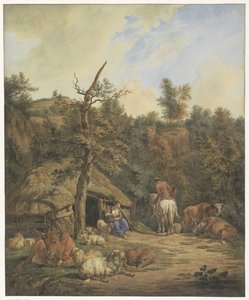 Hirte, Hirtin und Vieh ruhen vor einem verfallenen Stall von Hendrik Abraham Klinkhamer