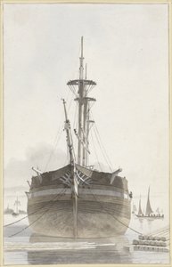 Segelschiff von vorne gesehen in einem Holzhafen von Hendrik Abraham Klinkhamer