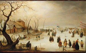 Eine Winterflusslandschaft mit Figuren auf dem Eis
