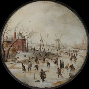 Gefrorener Fluss mit Schlittschuhläufern