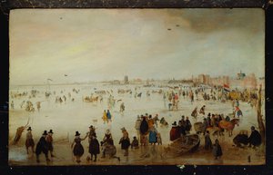 Schlittschuhläufer, Golfspieler, elegante Damen und Herren auf gefrorenen Flutgewässern bei der Broederpoort in Kampen von Hendrik Avercamp