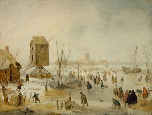 Winterlandschaft mit Schlittschuhläufern auf einem Fluss bei einer Windmühle