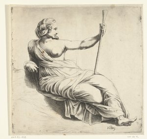 Eine Muse der Musik, sitzende Frau mit Trompete