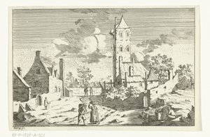 Dorfansicht mit Häusern und Turm an einem Sandweg mit Figuren