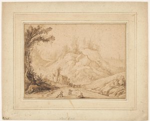 Berglandschaft mit Figuren auf einem Weg bei einem Gasthaus von Hendrick Cornelisz. Vroom