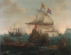 Niederländische Schiffe rammen spanische Galeeren vor der englischen Küste, 3. Oktober 1602 von Hendrick Cornelisz. Vroom