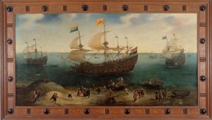 Das Amsterdamer Viermastschiff De Hollandse Tuyn und andere Schiffe kehren unter dem Kommando von Paulus van Caerden aus Brasilien zurück von Hendrick Cornelisz. Vroom