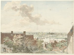 Ansicht von Nijmegen mit einer Fähre über den Fluss von Hendrik Hoogers