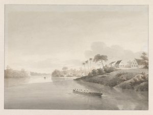 Ansicht einiger Häuser an einem Fluss, möglicherweise die Jodensavanne von Hendrik Huygens