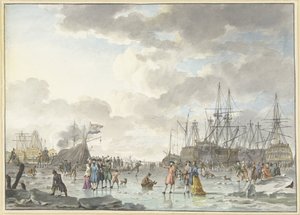 Frostmesse auf einem gefrorenen Fluss mit Schiffen