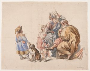 Figurenkomposition mit schwarzem Hofnarren und Hund