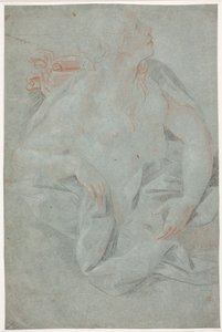 Halbnackte drapierte Frau, die eine Maske hält. "Enthüllung der Wahrheit" von Hendrik Krock